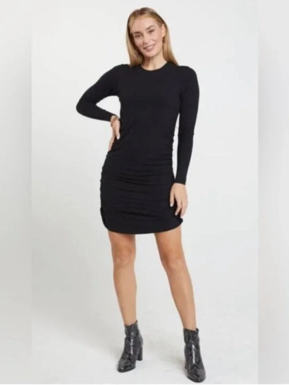 SheBird Aspen Ruched Ribbed Mini Long Sleeve Shapewear Dress - Black